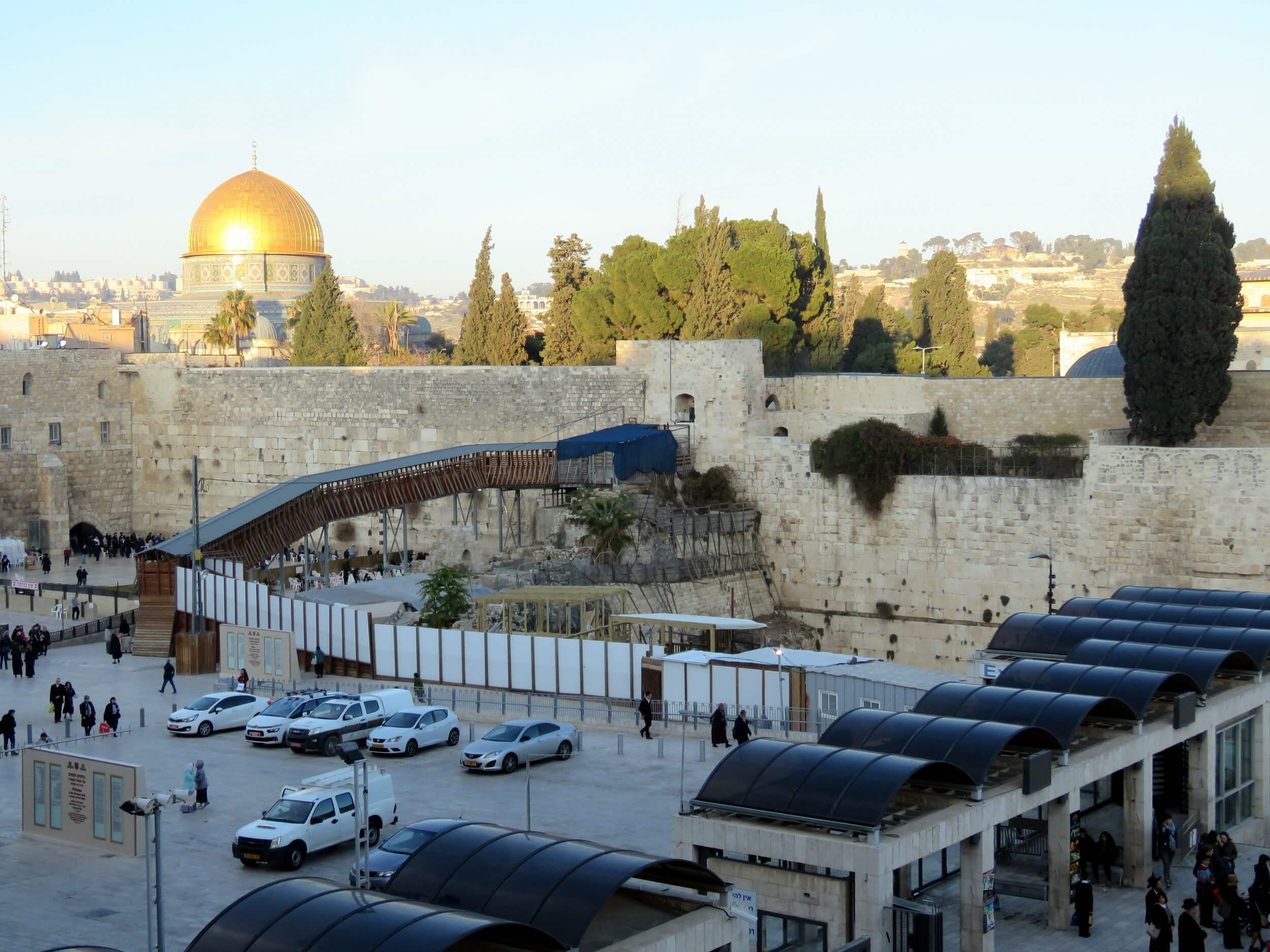 The Mughrabi Bridge, cypress and golden dome