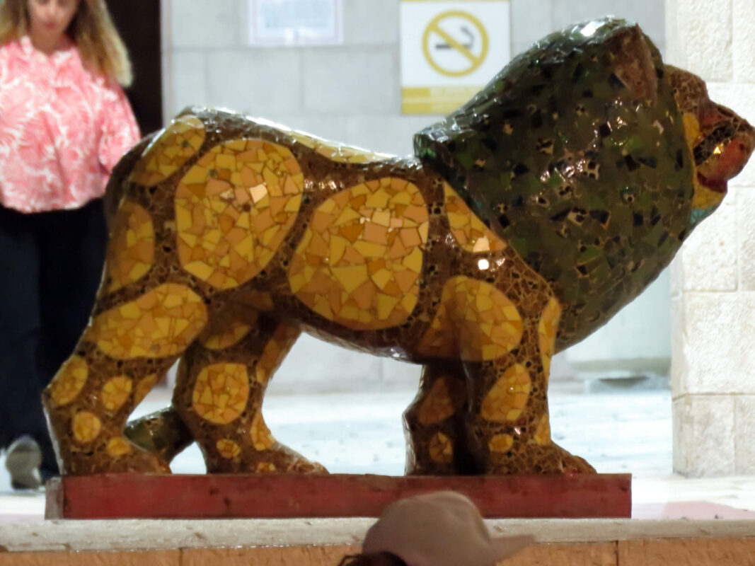 The lion guarding the building across the street